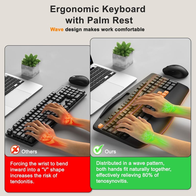 Faadar Wireless Keyboard and Mouse Combo, 2.4G Full Size Wave Keys Ergonomic Keyboard with Wrist Rest, Phone Holder, 3-Level DPI Wireless Silent Mouse with 6-Buttons, for Windows, Mac OS (Orange Black) - Image 2